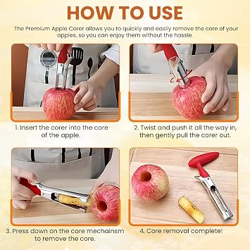 Apple Corer Remover, Apple Slicer Cutter, Apple Cutter with Serrated Stainless Steel Blade and Ergonomic ABS Handle, Easy to Clean & Use Apple Corer and Slicer (Red)