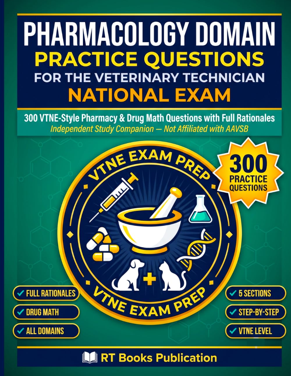 VTNE Pharmacology Practice Questions: 300 Veterinary Technician National Exam Domain Questions with Full Rationales, Drug Math & Dosage Calculations — Not Affiliated with AAVSB
