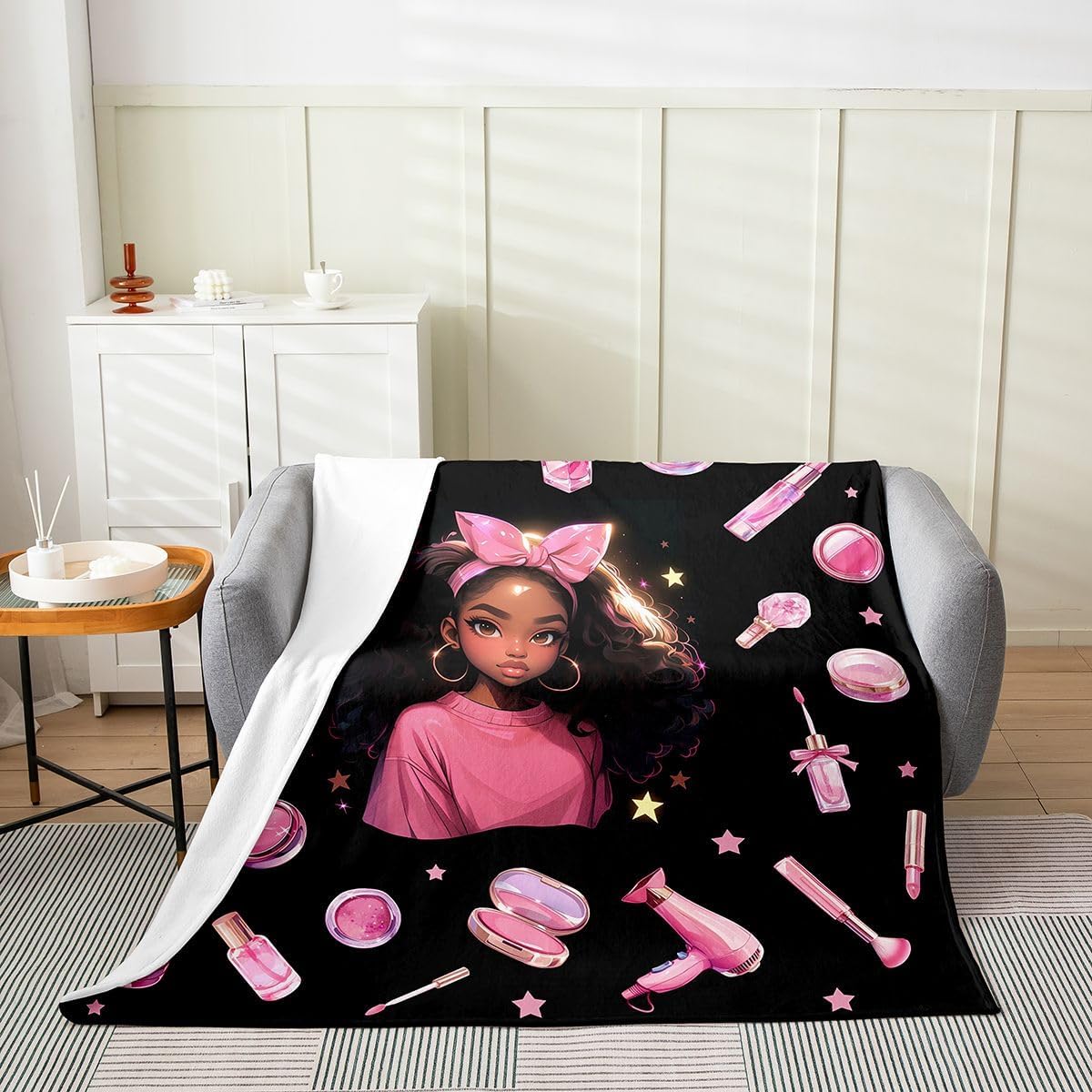 Erosebridal Black Girl Flannel Blanket Twin 60x80 Inch Bowknot Fleece Blanket Stars Hair Dryer Lipstick Pattern Fuzzy Plush Throw Powder Compact Nail Polish Living Room Decor