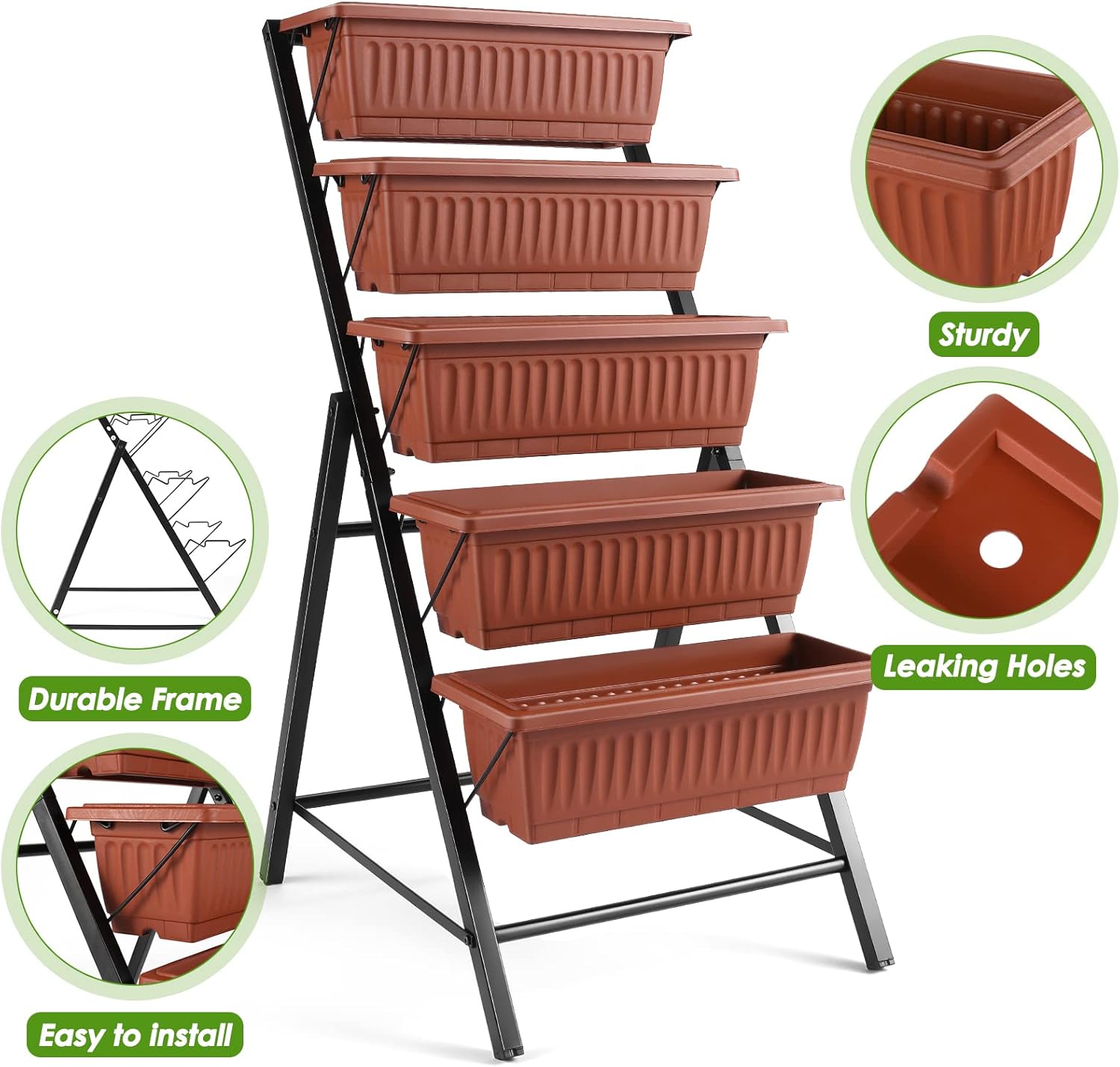 Suyncll Vertical Raised Garden Bed Planter Box,5 Tiers Vertical Garden Planter with Drainage System&4 Hooks for Herb Vegetables Flowers, Brick Red