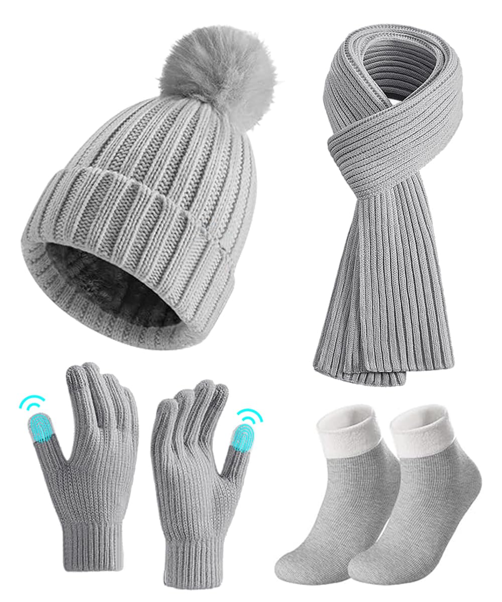 Gorro Bufanda De Punto Guantes Invierno Set, 4pcs Conjunto Esqui Mujer con Guantes Pantalla Táctil y Calcetines Térmicos, Conjunto Gorro Calavera para Mujer Deportes Aire Libre