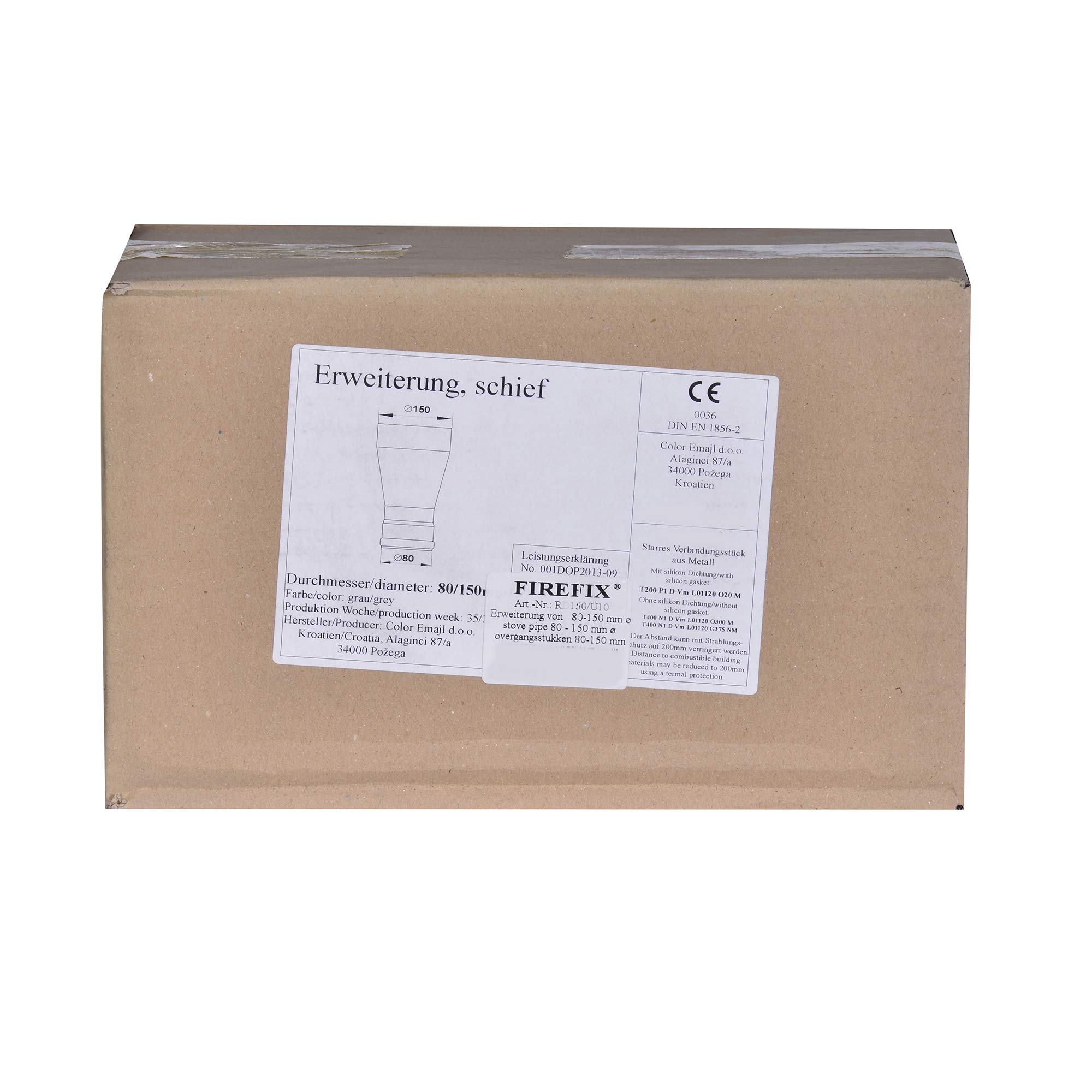 FIREFIX R150/Ü10 Erweiterung 80 auf 150 mit Dichtung für 2 mm Starke Rauchrohre, schwarz lackiert, von 80 mm Ofenanschluss auf 150 mm Wandanschluss