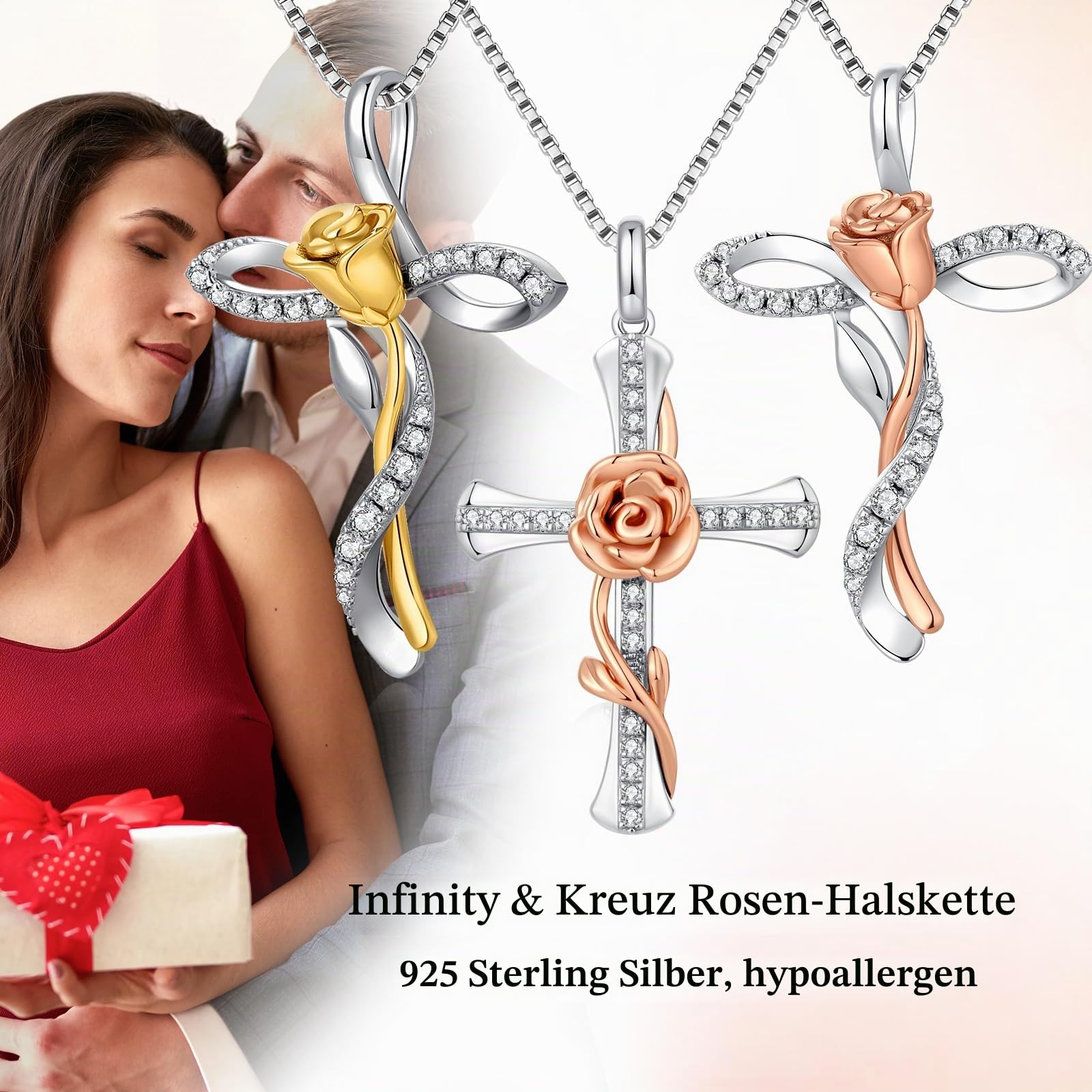 jiamiaoi 18K Weißgold platted Rose Kette mit Anhänger, Rose Kette Kreuz 925 Sterling Silber Perlen Kette Halskette mit Silberkette 18’