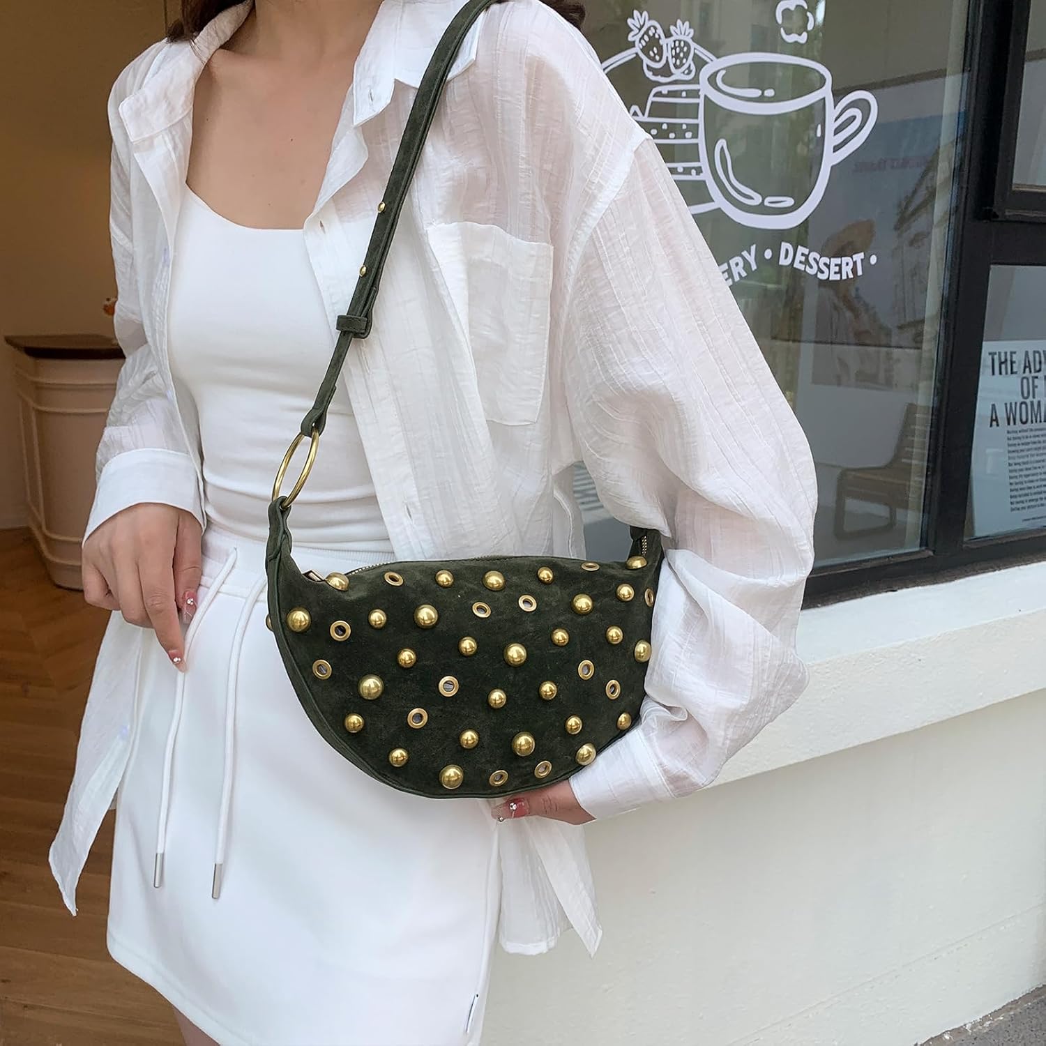 Studded Purse Trendy Studded Handbag Hobo Crescent Bags Y2K Shoulder Bag Suede Purses for Women - Image 3