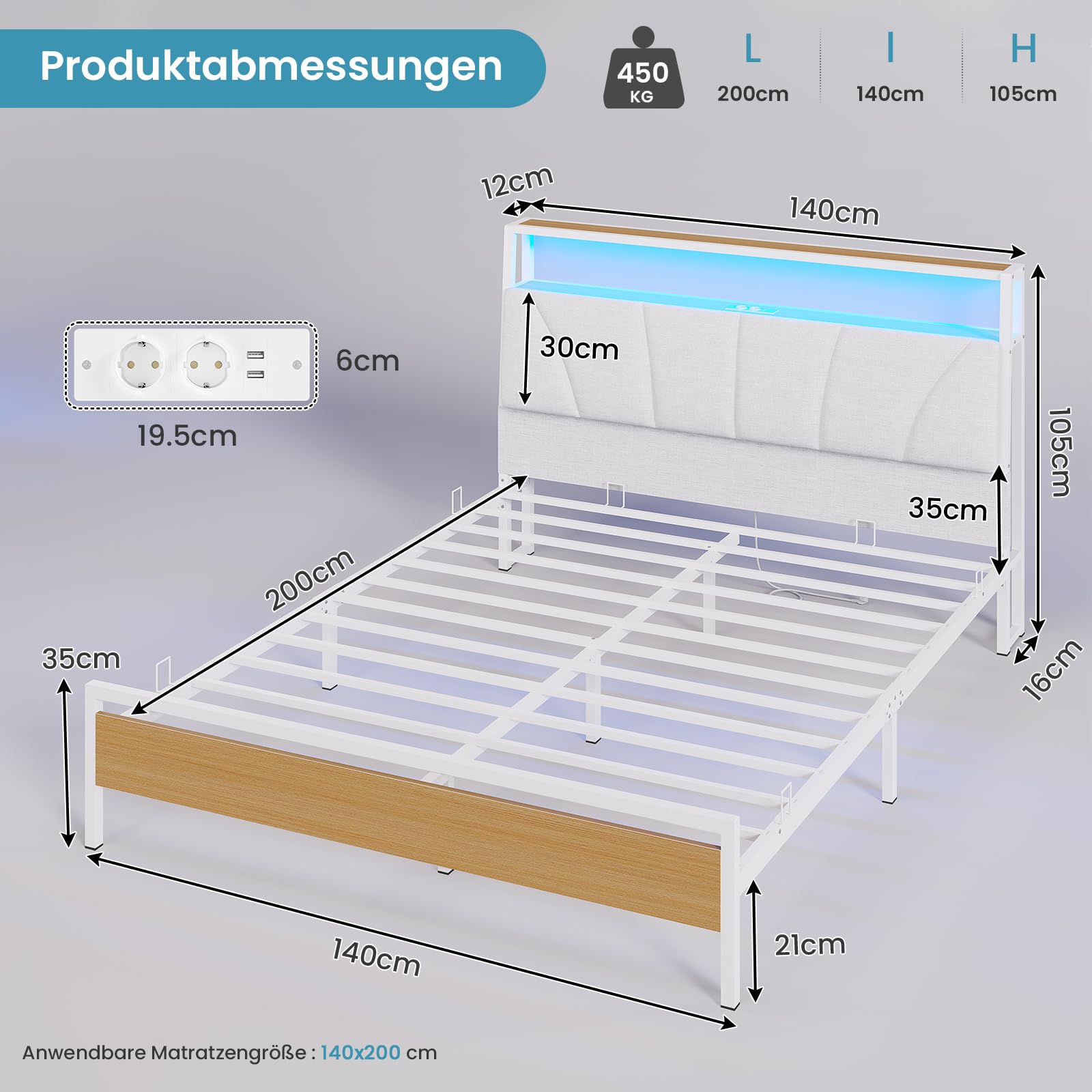 Brinlawb Bett 140x200 mit Lattenrost aus Metall, Bettgestell 140x200cm mit LED Beleuchtung Metallbett 140x200 mit Kopfteil & Ladestation(2 AC-Steckdosen& 2 USB-Anschlüsse) Jugendbett Doppelbett, Weiß