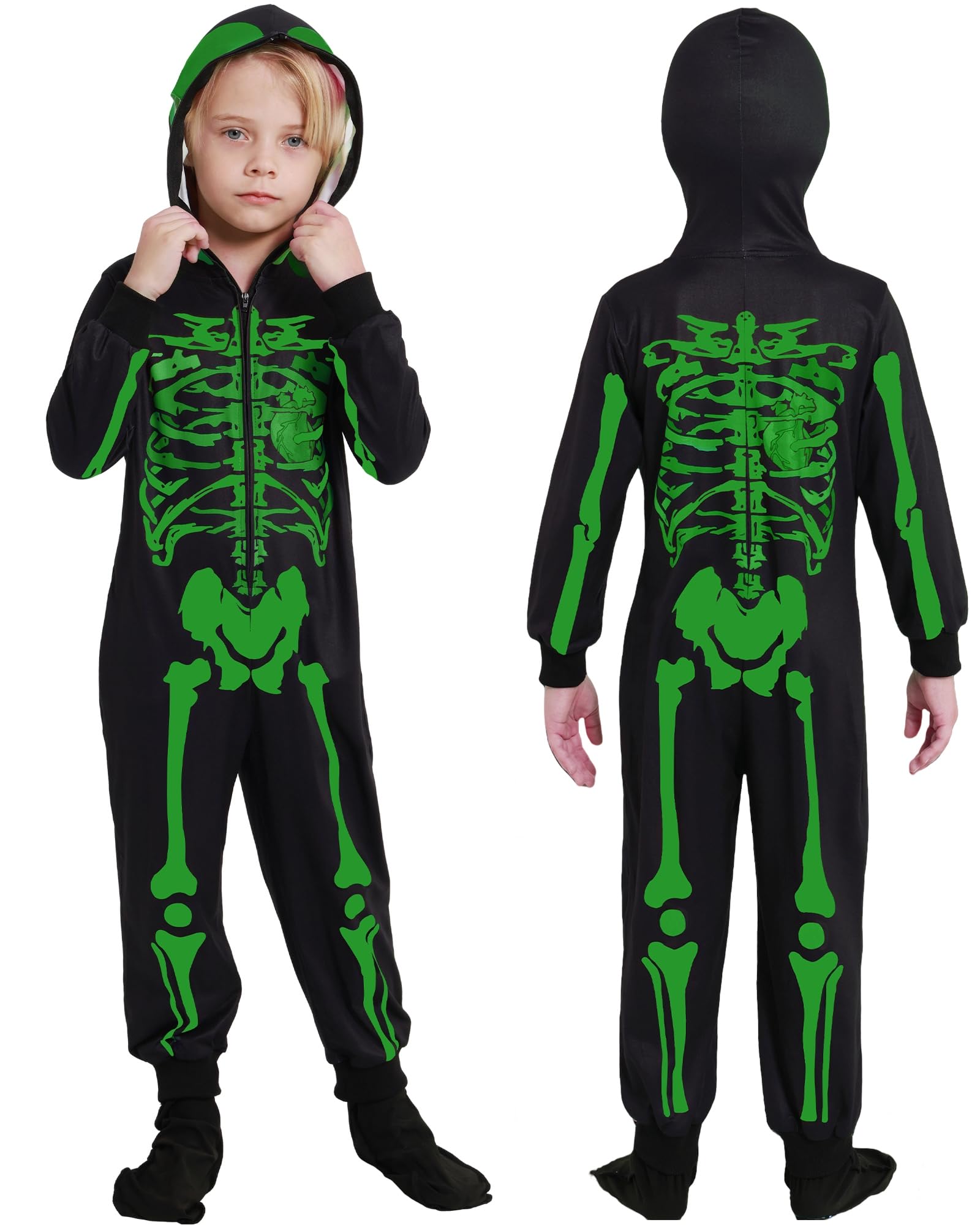 WISREMT Halloween Skeleton Jumpsuit for Boys Girls Full Print Long Sleeve Pyjama Zip Up Hooded Jumpsuit Loungewear Autumn Outfits for Unisex Kids Teen Age 3 4 5 6 7 8 9 10 11 12 Years