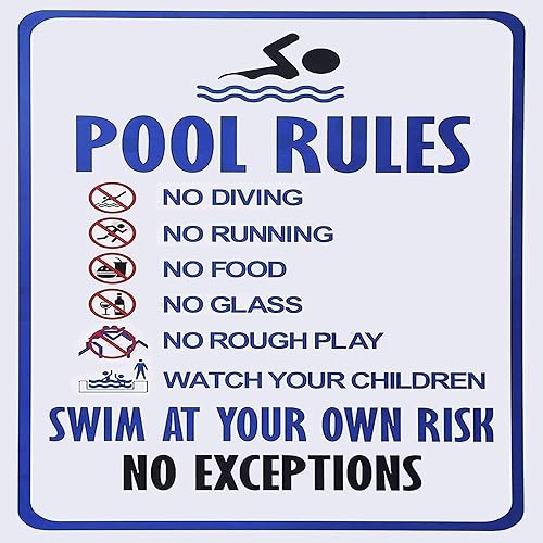 Letrero de metal vintage para decoración de pared, reglas de la piscina y su propio riesgo de natación, advertencia de metal, piscina, parque