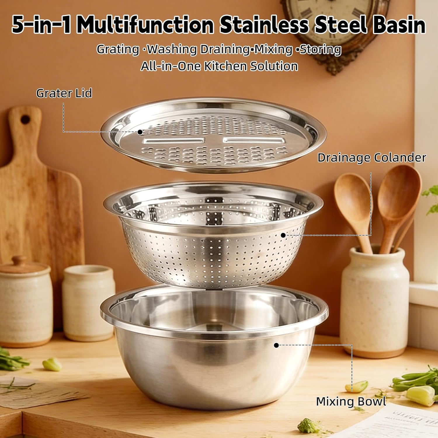Mixing Bowls Set, 3 In 1 Multifunctional Stainless Steel Basin, Rice Washer Strainer Bowl, Kitchen Grater Set with Drain Basket for Vegetables Salad, 10.2 Inches
