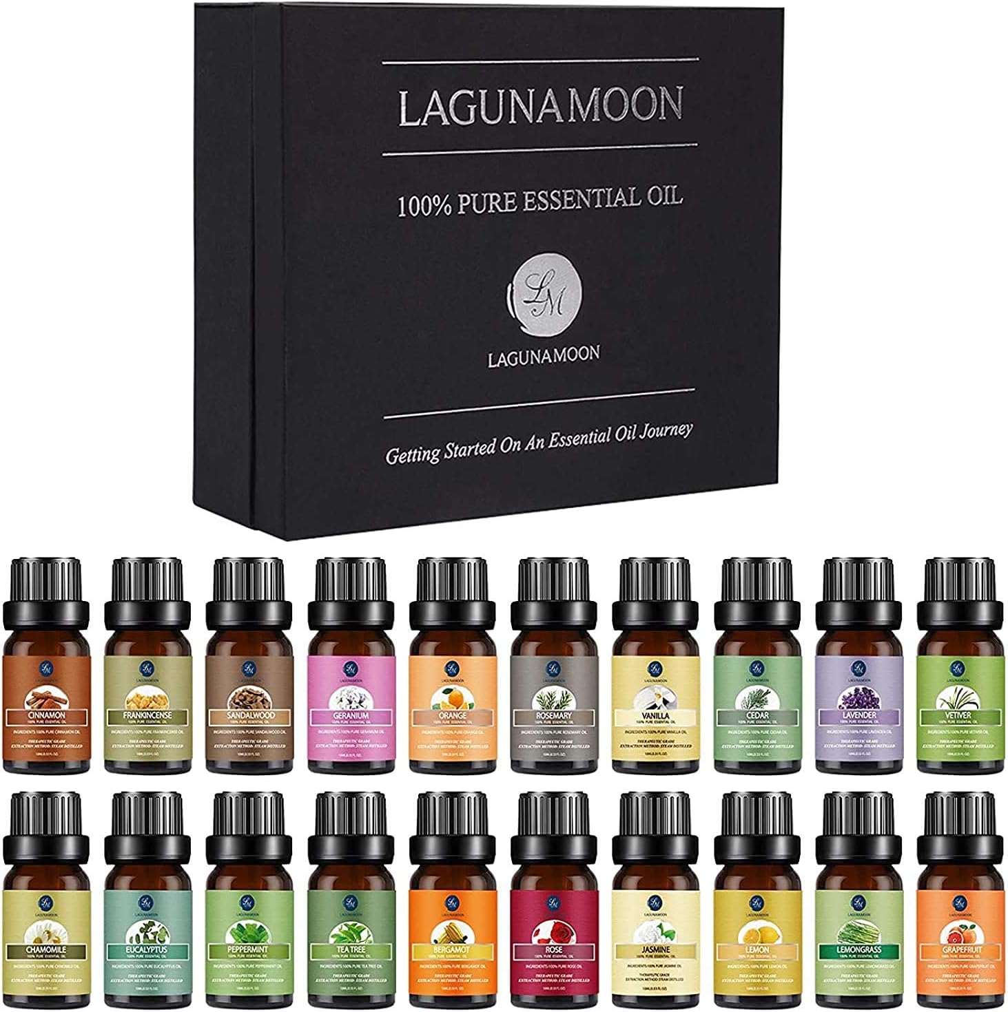 Essential Oils Set - Top 20 Gift Set Oils for Diffusers, Humidifiers, Massages, Aromatherapy, Candle Making, Skin & Hair Care - Peppermint, Tea Tree, Lavender, Eucalyptus, Lemongrass (10mL)