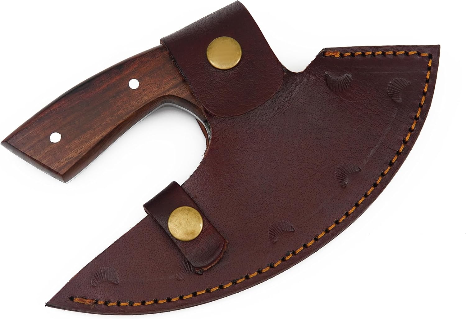 Damascus Ulu Knife Pizza Cutter Rocker Knife Mezzaluna Knife with sheath Rocker Boning Knife for Slicing, Chopping, Camping, Outdoor Wrosewood Handle