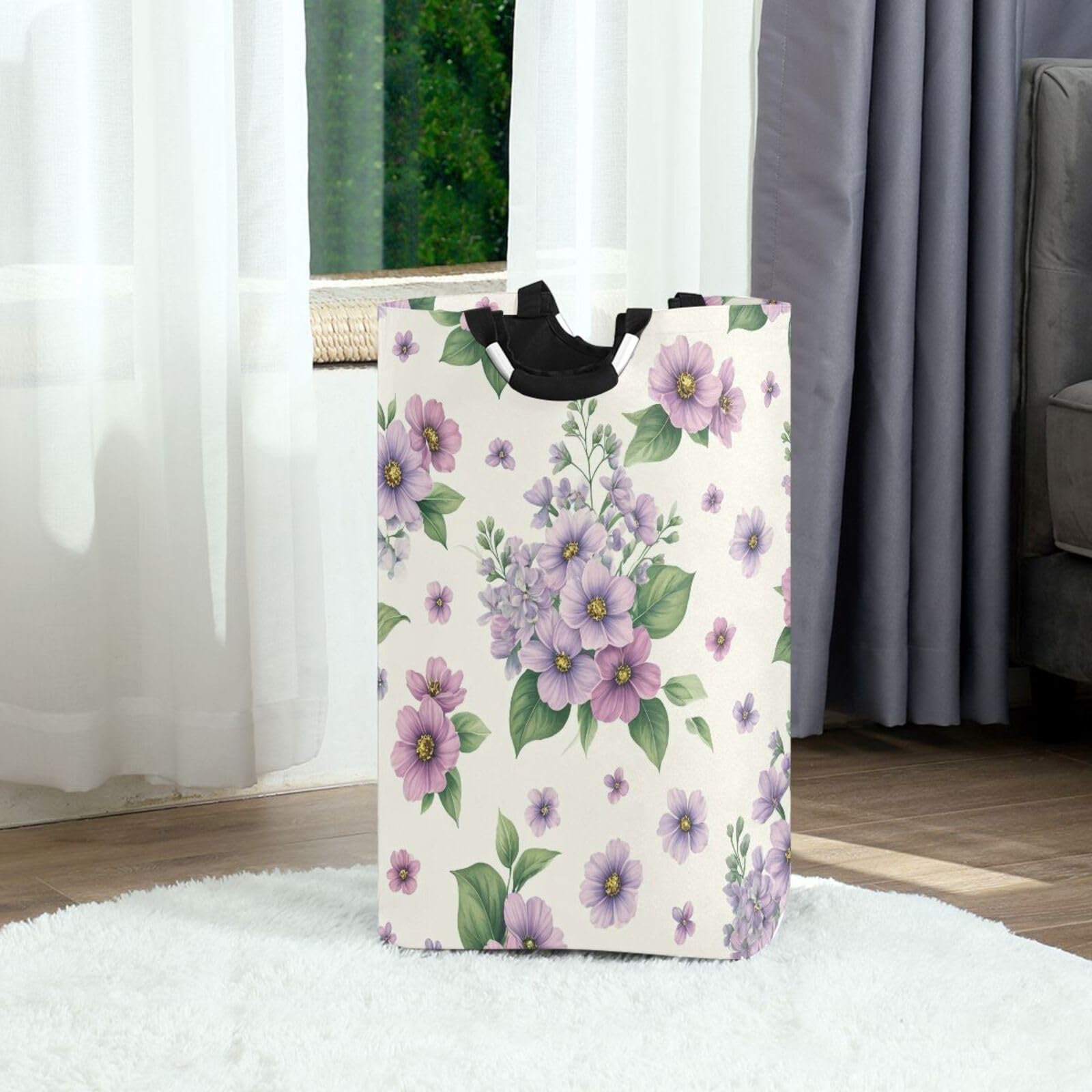 Jihqo Laundry Hamper Basket Elegant Violet Flowers Collapsible Nursery Storage Bin Waterproof Clothing Baskets for Home Bedroom Bathroom Washing Room