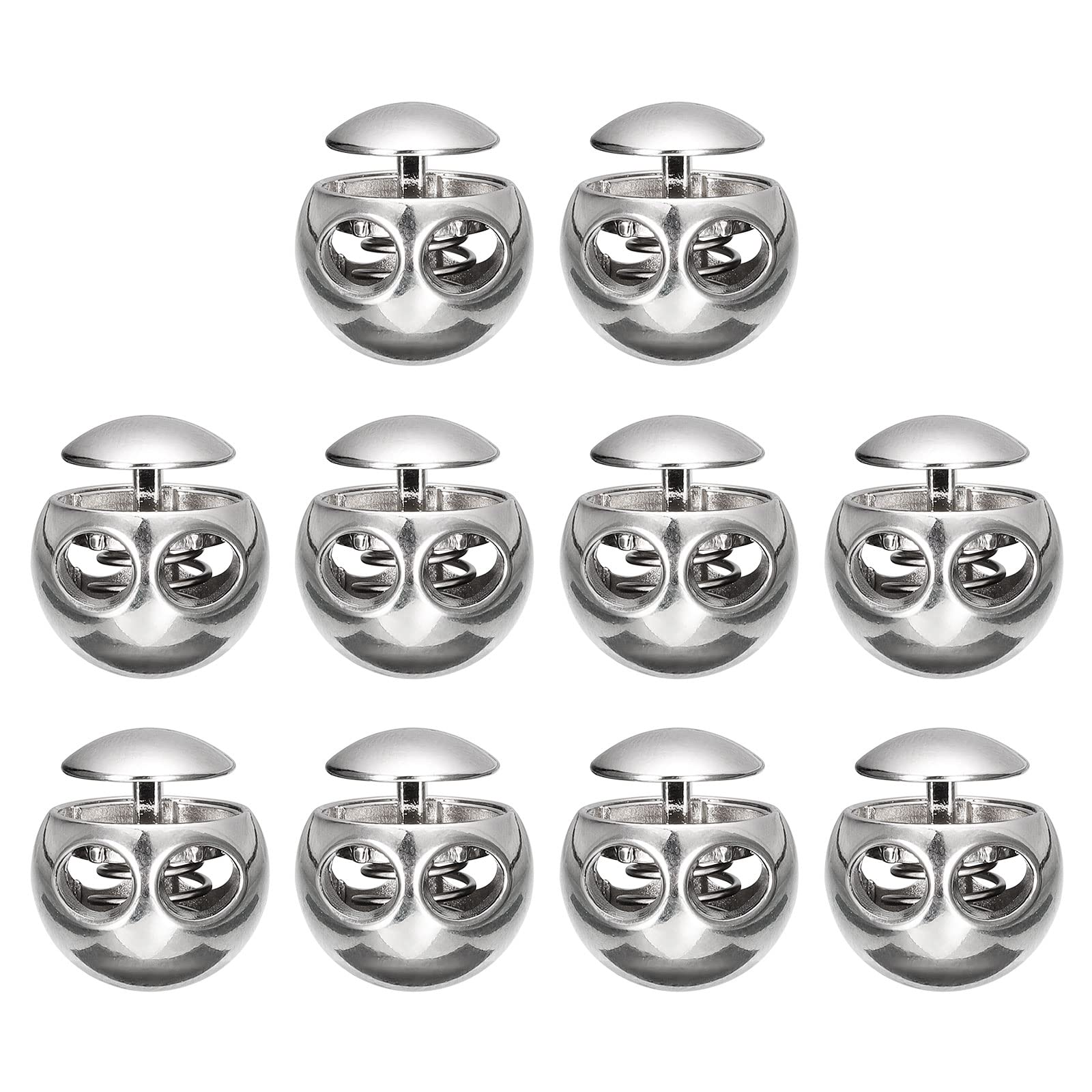 sourcing map Spring Cord Lock End Toggle, 10Pcs Double Hole Spring Stopper Alloy Fastener Slider Toggles Clip for Drawstrings, Shoelaces, Bags (Bright Silver,17.6x19.6mm)