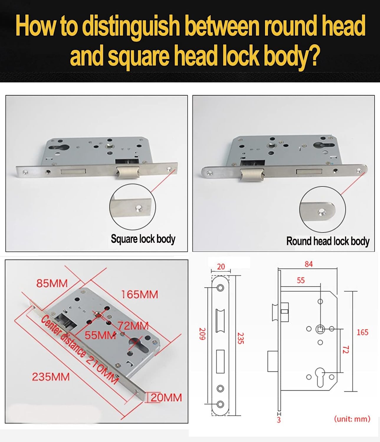 Door Lock for ，Stainless Steel Mortice Lock,72 * 55 Mortice Door Lock,Width 20mm(Rounded and Square Forend Optional) Door Latch Mechanism for Euro Cylinder Key Locking Security(Size:Round Head)