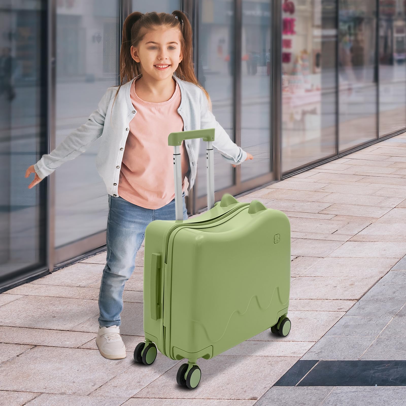 37L Kinderkoffer zum Draufsitzen, Kindertrolley Kindergepäck mit Zugstange und Passwortschloss, Leichtgewicht Kinder Rutschkoffer mit 4 Rollen, für 3-6 Jahre Mädchen & Jungen (Olivgrün)