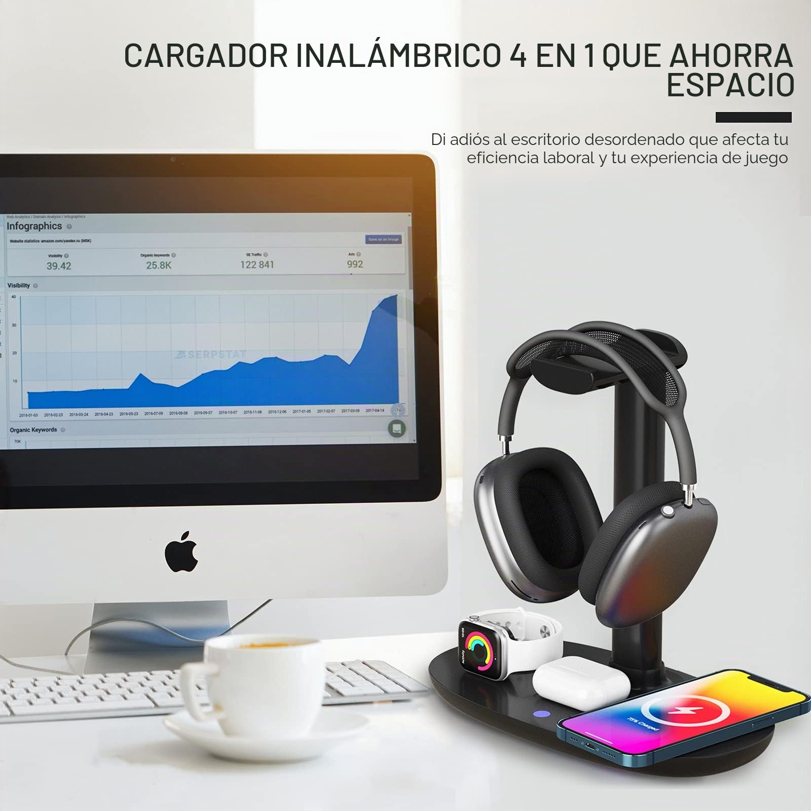 Soporte para auriculares con cargador inalámbrico de 15 W, estación de carga 4 en 1 para AirPods Max/Pro/4/3/2 iWatch 10/9/8/7/6/5/4/3/2/1/SE iPhone 16/15/14/13/12/11/X para juegos de mesa