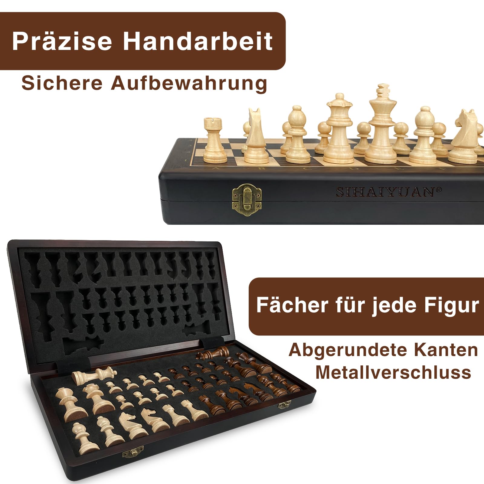Schachspiel Holz Magnetisch – Faltbares Schachbrett 39 cm, Hochwertiges Wooden Chess Board mit 34 Staunton Figuren inkl. Extra Damen, Tragbares Schachspiel für Erwachsene & Kinder