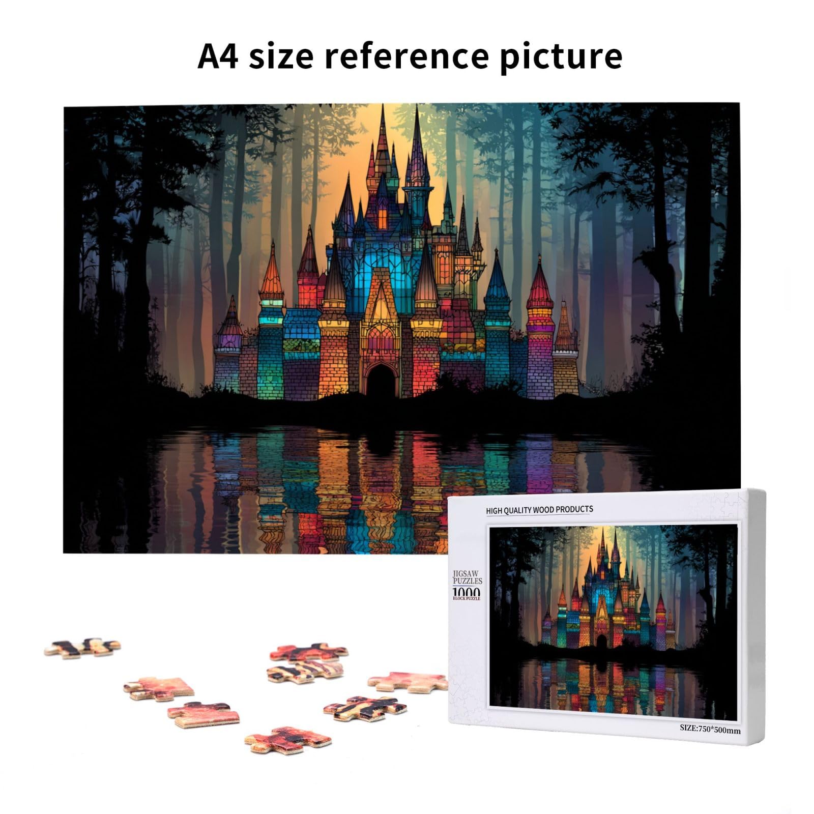 Puzzle pour adultes de 1000 pièces, château fantaisiste dans une forêt luxuriante avec reflet lumineux, convient pour les amateurs de puzzle et les amateurs de contes de fées lors de dîners