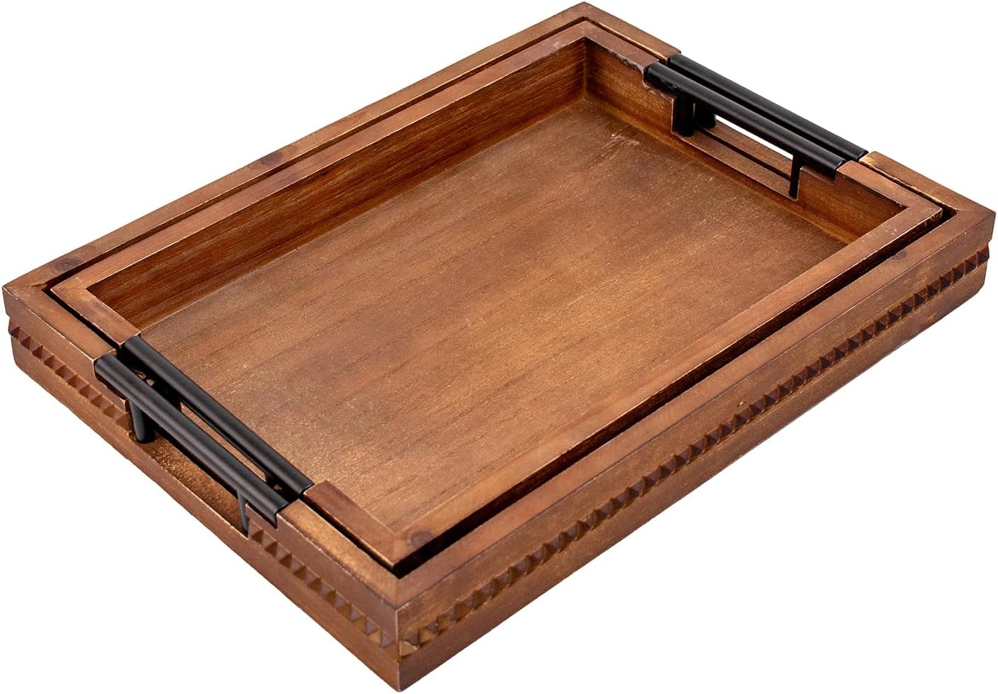 Wooden Set of 2 Serving Trays with Metal Handles Vintage Ottoman Tray 15 X 11 Wooden Retro Decorative Trays with Geometric Beads for Dinner & Home Decor (2paxk)