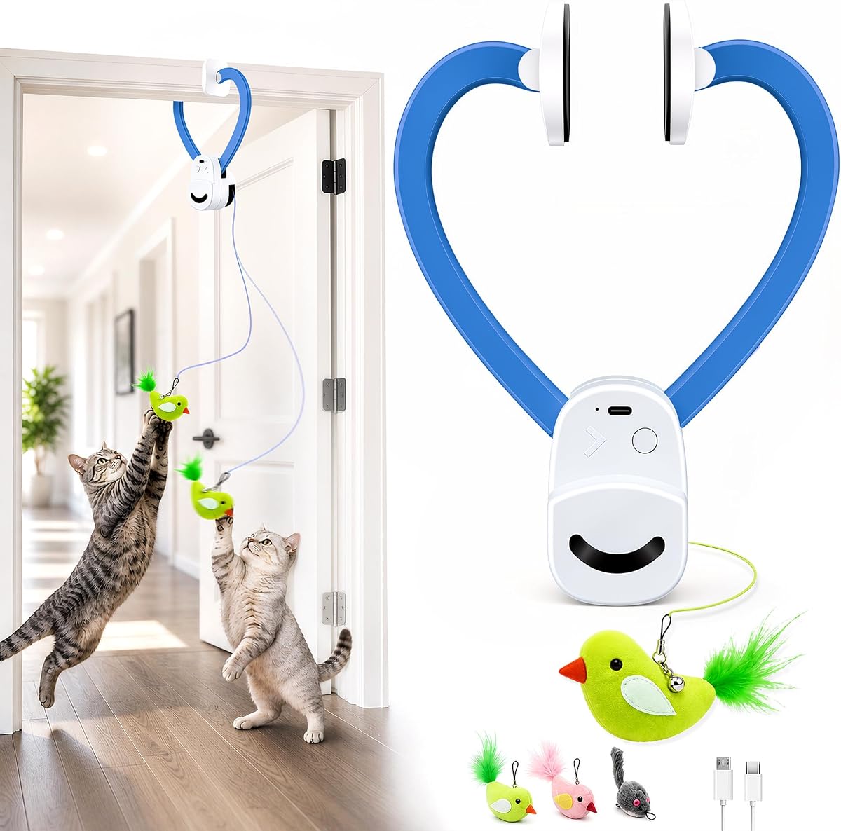 CATPICK Interactive Doorway Cat Toy, No-Adhesive Clip-On for Indoor Cats | Automatic Retractable bird-and-mouse motion with 8-minute auto-play, touch-to-wake response, USB charging, 2 birds & 1 mouse