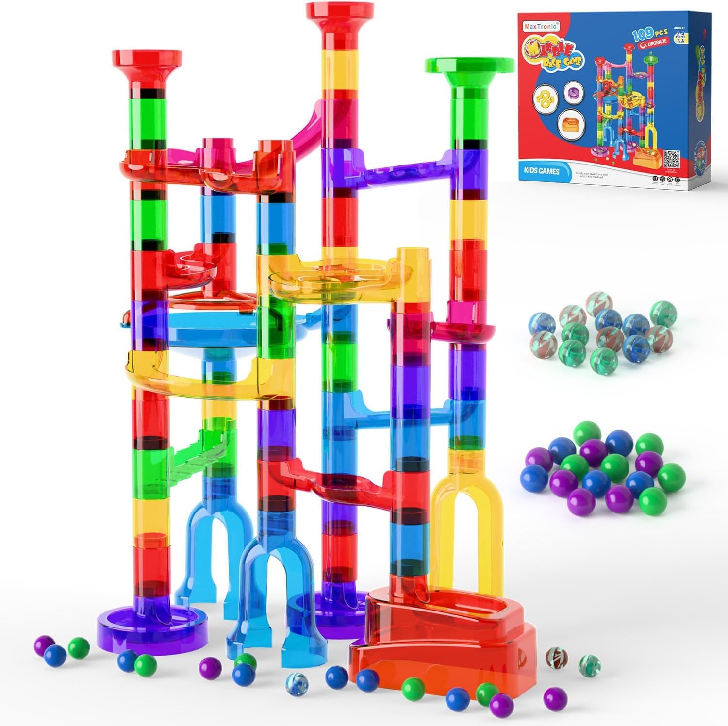 109 Pièces Transparente Tricky Bille Jeux de Construction Circuit Billes Jeu Educatif Marble Rush STEM Labyrinthe Jeux Enfant Convient aux Garçons et aux Filles de 3-12 Ans Cadeau