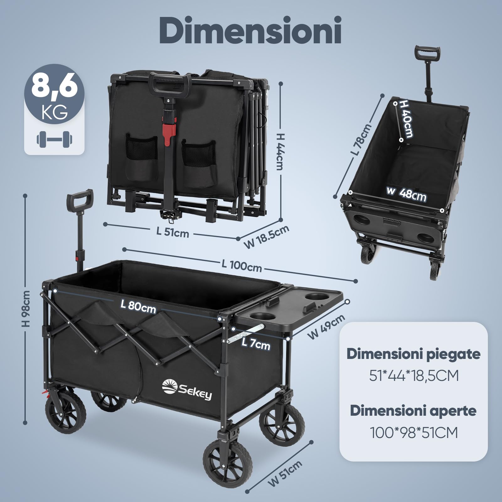 Sekey XXL Mobi 3012 - Carretto pieghevole con piano di appoggio apribile, 150 l, 150 kg, colore: Nero