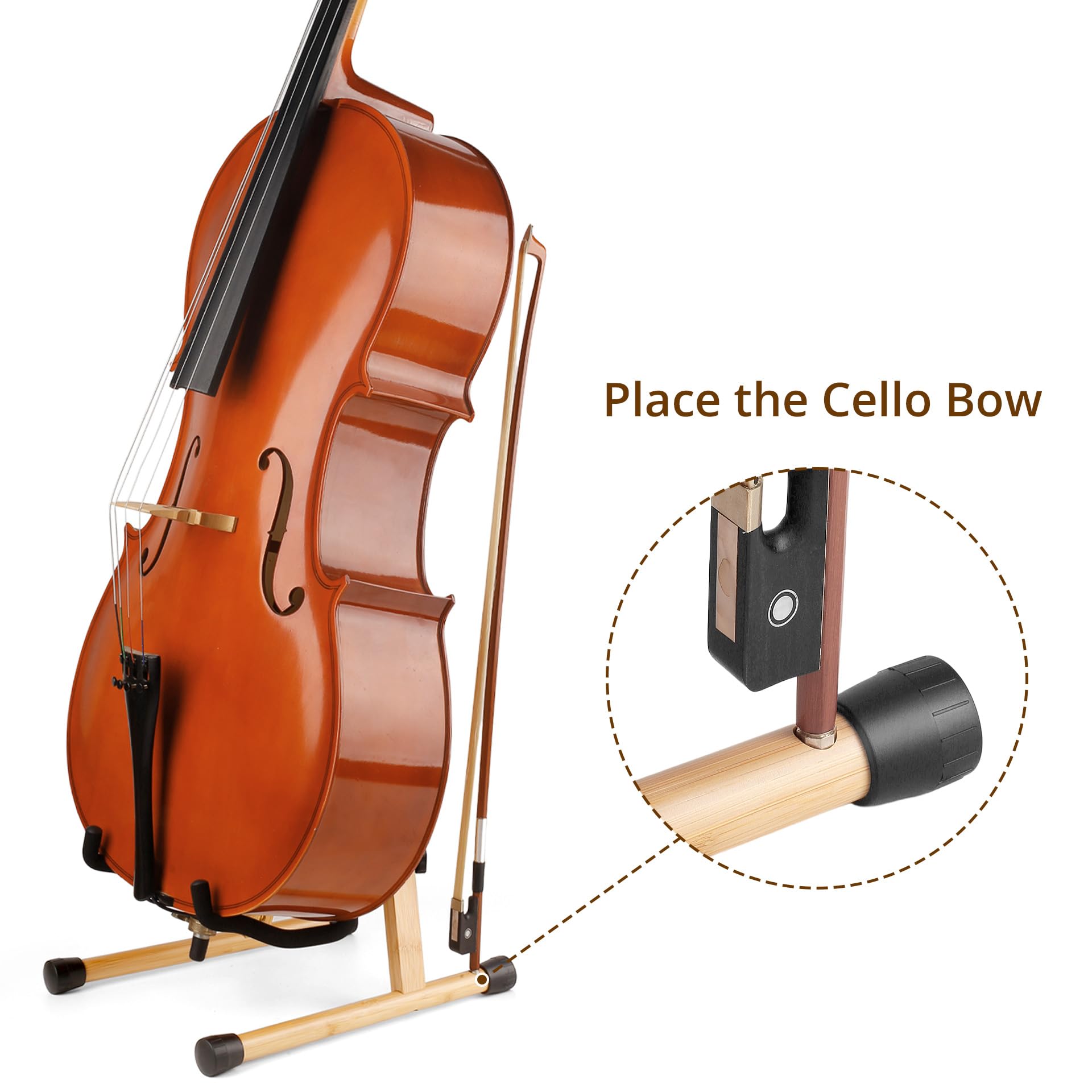 Soporte para celo con soporte de arco, soporte de madera en forma de A con espuma acolchada, soporte hecho a mano para 1/2, 3/4, 7/8, 4/4 (tamaño completo) y guitarras (bambú, celofán)