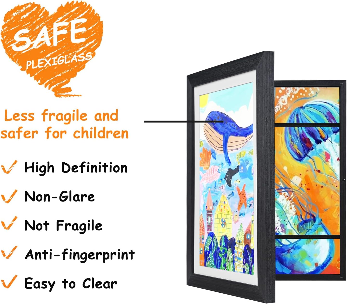KINLINK 10x12.5 Kids Art Frames Set of 2, Solid Wood Kids Artwork Frames Changeable with Acrylic Front Opening Holds 150 Pictures, Art Frame for Kids Artwork with Mat or without Mat, Black Wood