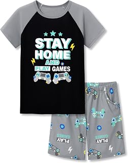 Tebbis Boys Comfy Raglan Pajama Set Fun Print Tee & Shorts Sizes 6-18 | Lightweight Breathable Fabric, 2-Piece PJs, Soft Jammies for Little & Big Boys, Ideal for Lounging and Sleeping