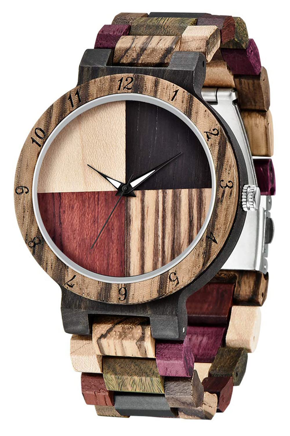 Tiong Wooden Watches for Women Men Inverted Geometric Zebra Wood Watch Unique Elegant Quartz Wooden Wrist Watch Hand-Made with Bamboo Bracelet Unisex