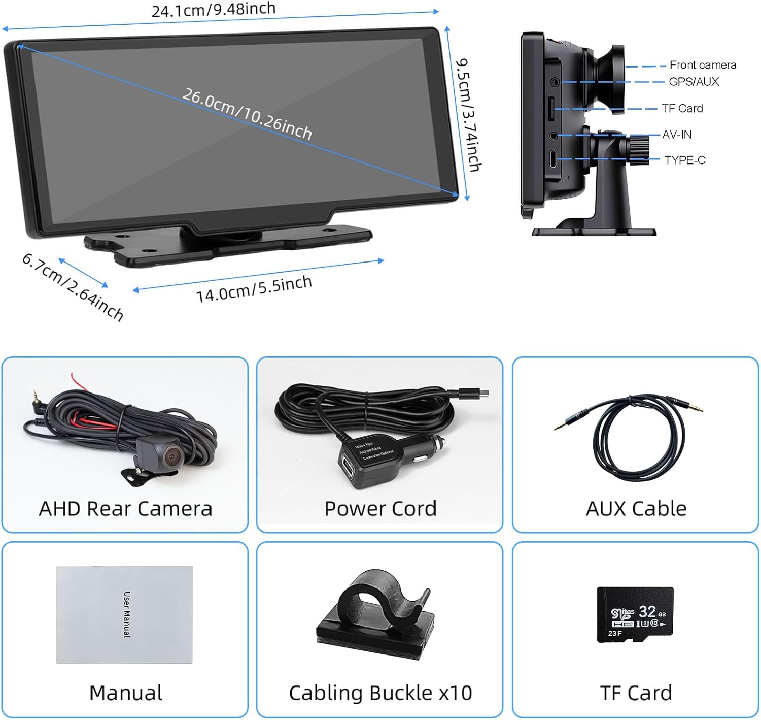 Package contents including car stereo, rear camera, power cord, AUX cable, manual, cabling buckles, and TF card.