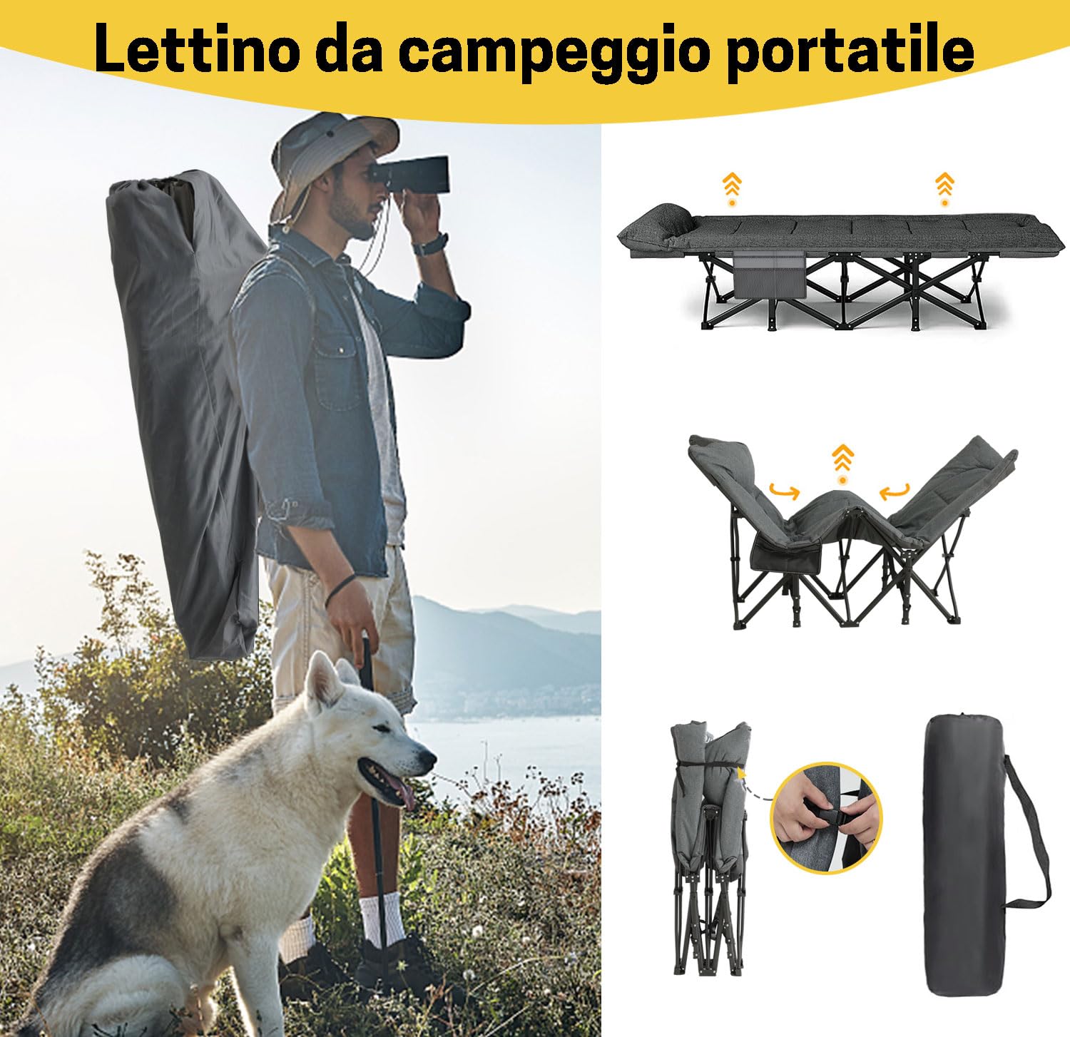 ATORPOK SHOP Lettino da Campeggio per Adulti con Cuscino e Cuscino, Lettino da Tenda Leggero con Borsa da Trasporto per Bambini, Caricabile Fino a 200 kg (Grigio)