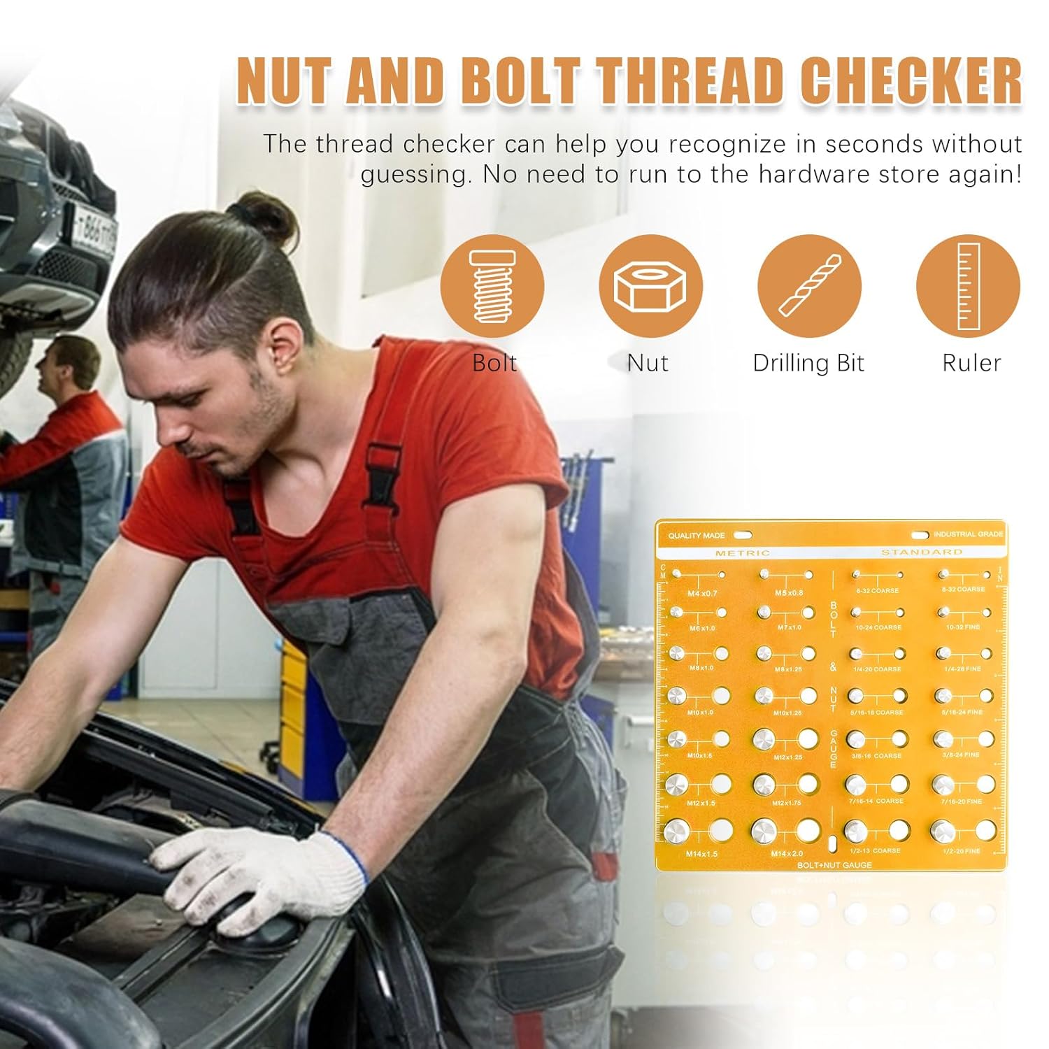 Frigatebird Thread Checker, 28 Nut and Bolt Thread Checker with Screw Bolt Size and Thread Gauge, Bolt and Nut Identifier Gauge 14 Metric & 14 Standard, Gold (Square)