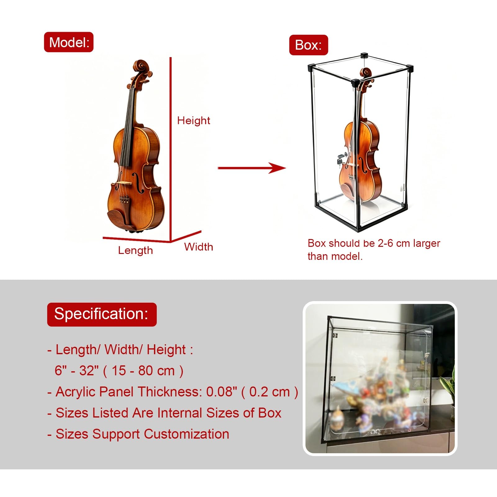 Urna Metacrilato Vitrina Alta de Acrílico, Contenedor de Vidrio | Caja Transparente de 360° con Puerta de Cierre a Presión, Contenedor Antipolvo con Bisagra y Marco(15x20xH25cm/6x8x10in)