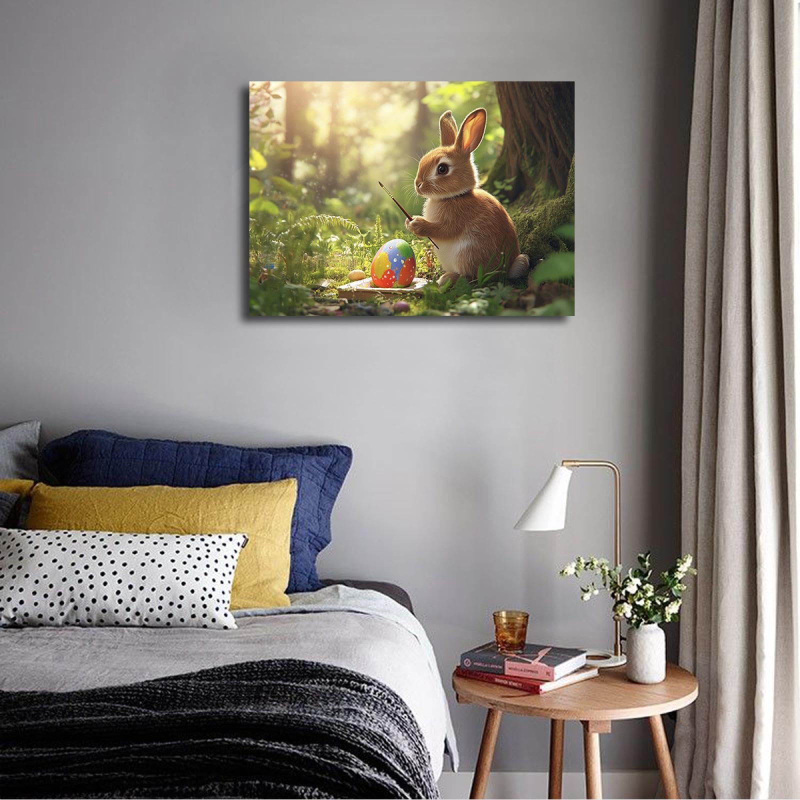 YUNART Wielkanocny królik płótno sztuka ścienna obraz wielkanocny jajko wielkanocne wiosna las plakat z nadrukiem płótno grafika łatwa do zawieszenia dekoracja domu 50 x 75 cm rama wewnętrzna