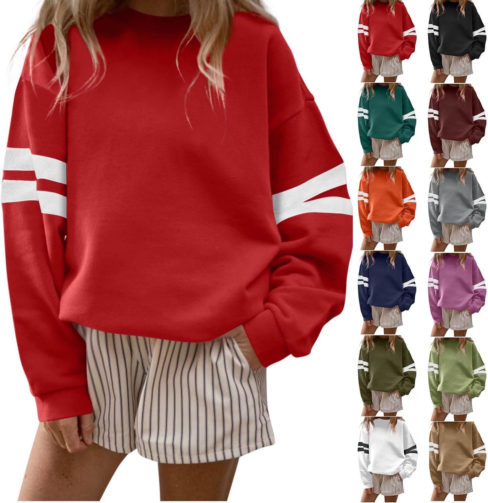 Womens Oversized Striped Sweatshirt Crewneck Long Sleeve Pullover Ladies Casual Loose Fit Jumpers Comfy Elegant Plus Size Sweatshirts Tunic Tops Without Hood Fashion Daily Fall Outfits