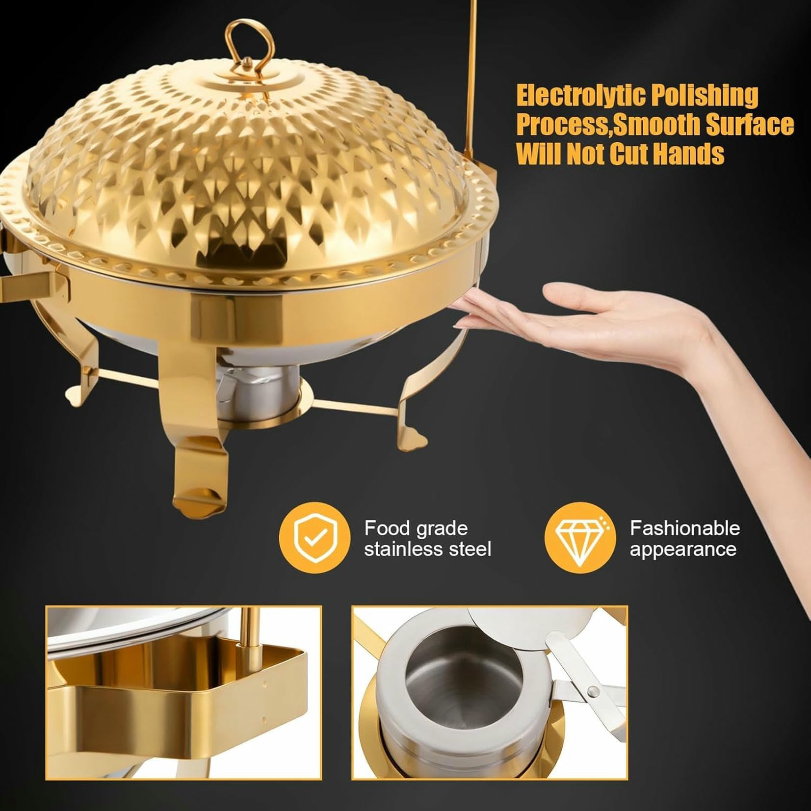 Scaldavivande rotondo in acciaio inox con coperchio sospeso, 8 QT, con bruciatore ad alcol per catering, matrimoni, feste, ristoranti e banchetti