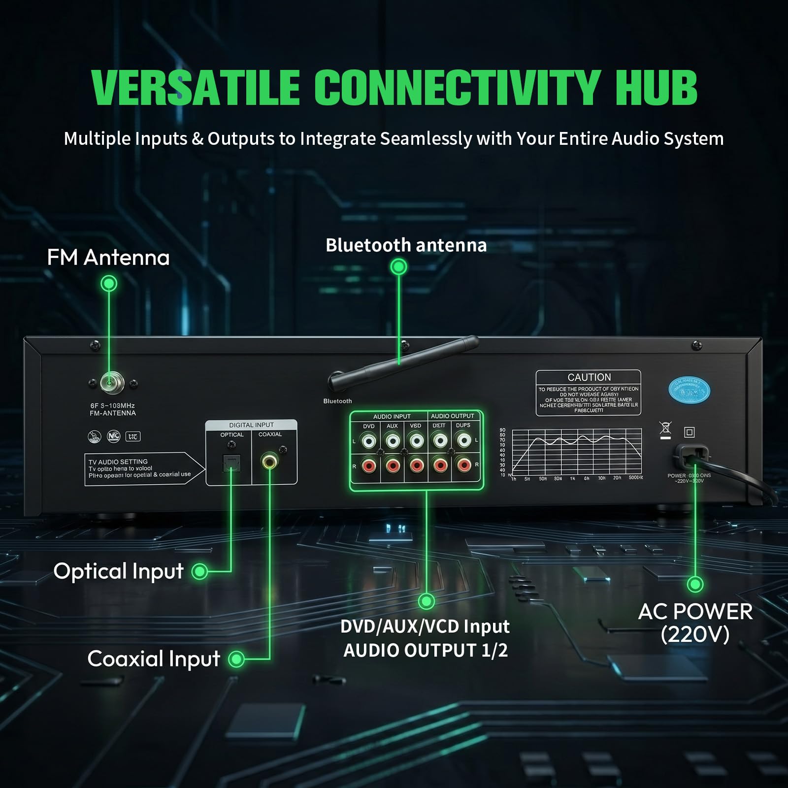 31 Band Digitaler Equalizer, Stereo Graphic Equalizer mit 12 visuellen Rhythmus-Modi, Soundprozessor mit Bluetooth, USB, Optischem/Koaxialem Eingang für Aufnahmestudio Musikdarbietung