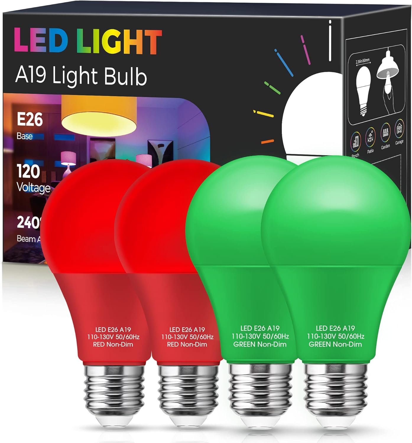 Red Light Bulbs Green Light Bulbs【4 Pack 】, A19 LED Christmas Light