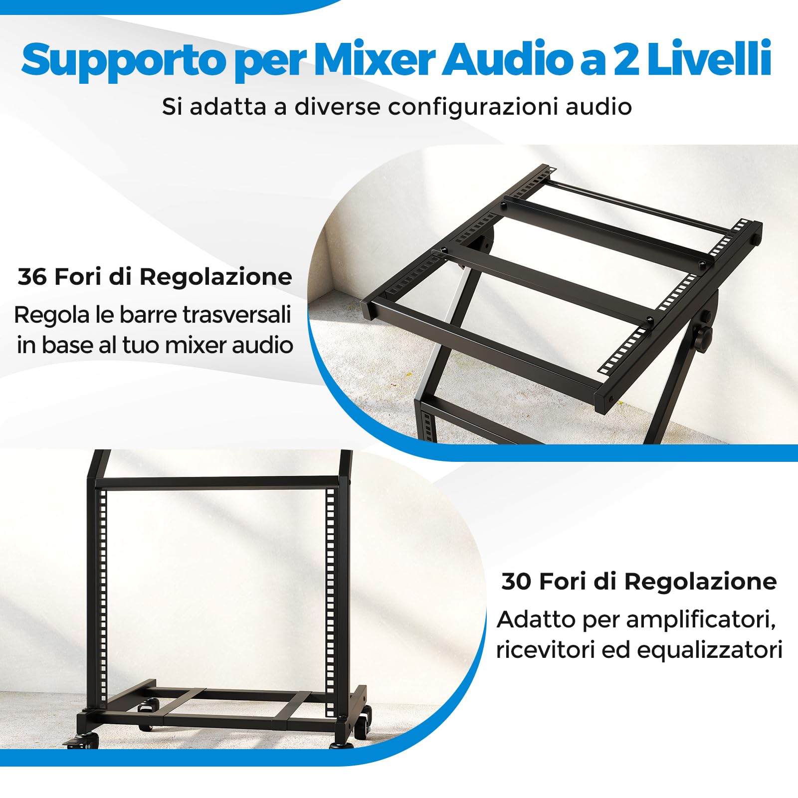 COSTWAY Supporto Mixer DJ, Supporto Audio Professionale a 2 Strati con Supporti Regolabili e Ruote Bloccabili, Supporto per Amplificatore Mobile per Attrezzature Studio Musicale e Eventi