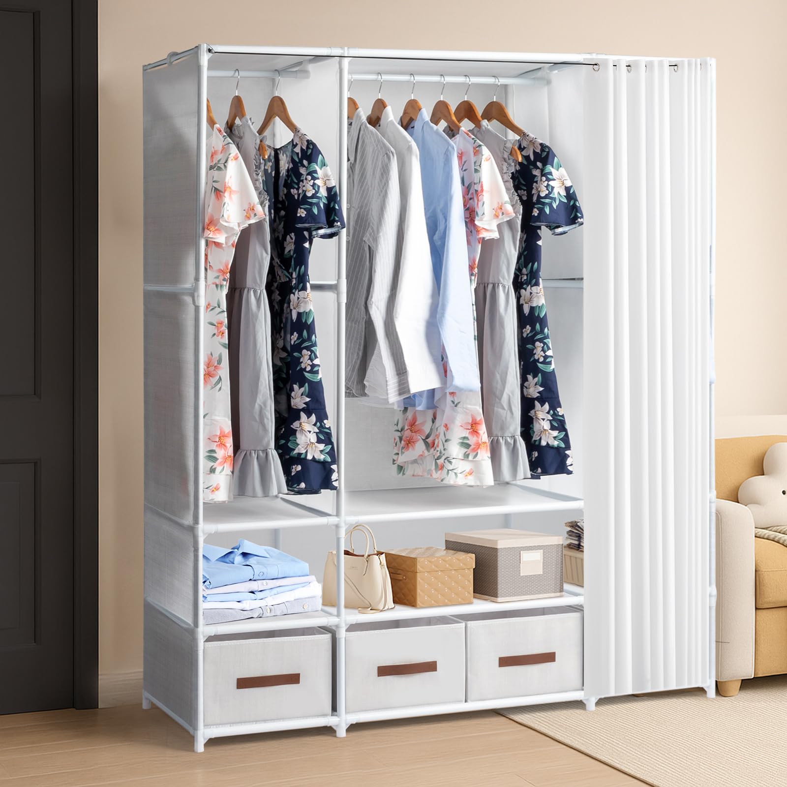 Alightup Armoire de Rangement avec Rideau, Penderie, Dressing, Armoire Métallique, avec Barres de Suspension, Porte-vêtements, pour Vestiaire, Chambre, 144 x 45 x 166 cm (Blanc, 144 x 45 x 166 cm)