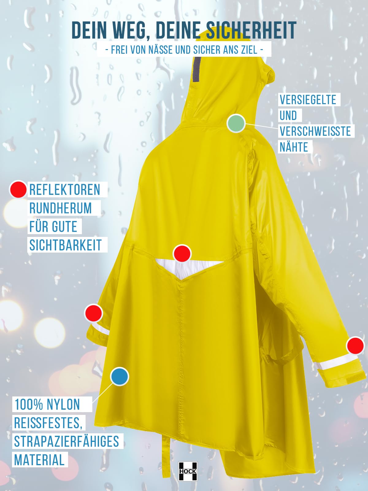 HOCK Poncho antipioggia per bici elettrica premium con maniche per bicicletta ed e-bike, impermeabile al 100%, Giallo, L