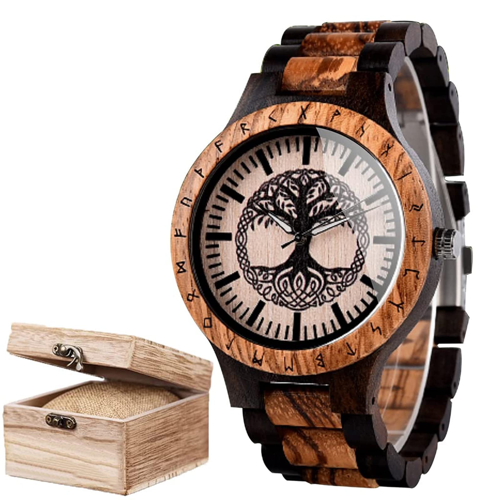 AVLUZ Reloj de pulsera de madera con diseño de árbol de la vida vikingo, hecho a mano, con mitología nórdica, correa ajustable, reloj de cuarzo analógico, caja de reloj de madera
