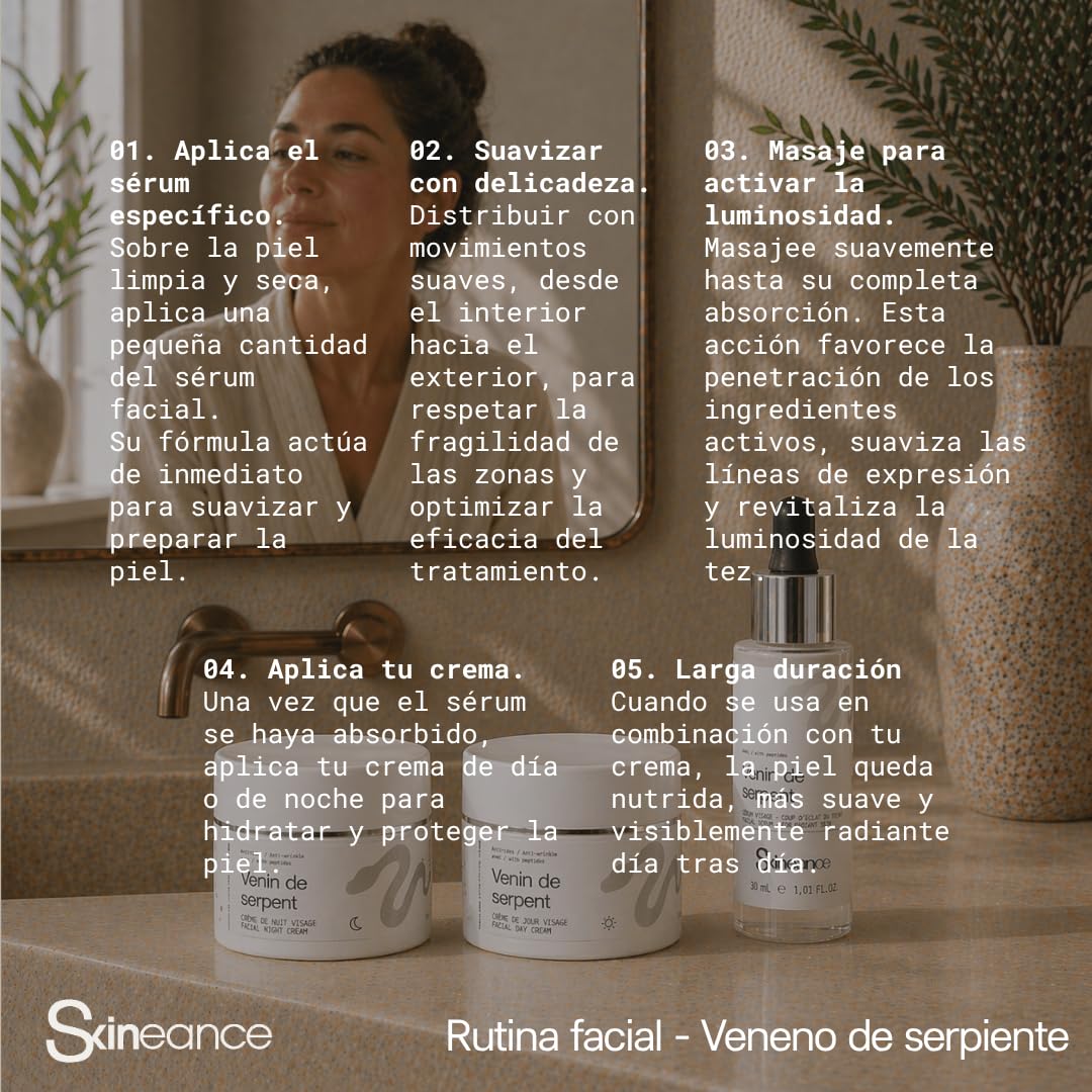 SKINEANCE - TRIO Syn-ake ULTRA - Activos anti-edad avanzados - Crema de día 50 ml - Crema de noche 50 ml - Serum facial 30 ml - Reduce arrugas de expresión, líneas finas, bolsas y ojeras