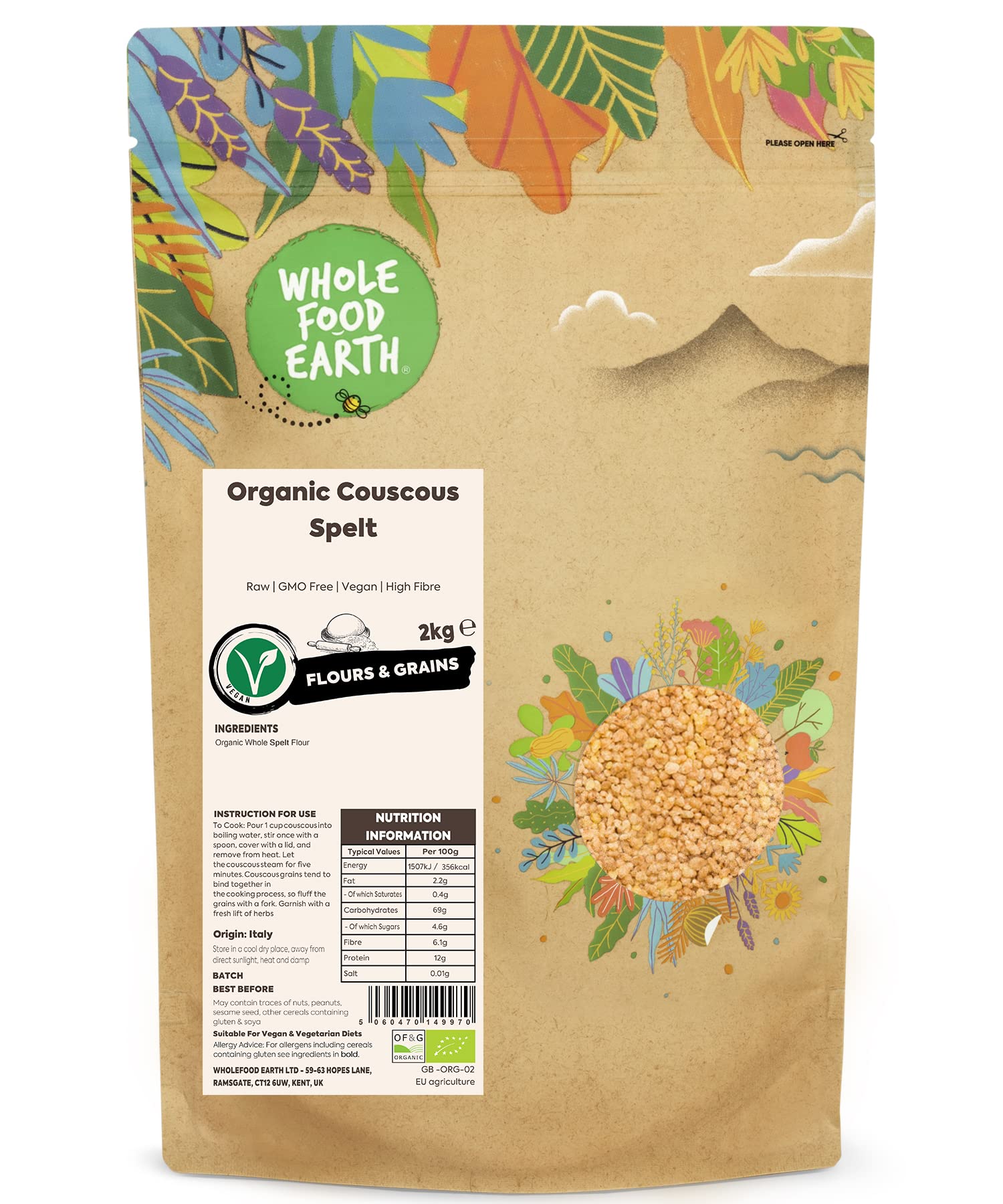 Wholefood Earth - Organic Couscous Spelt 2kg - Raw - GMO Free - Vegan - No additives