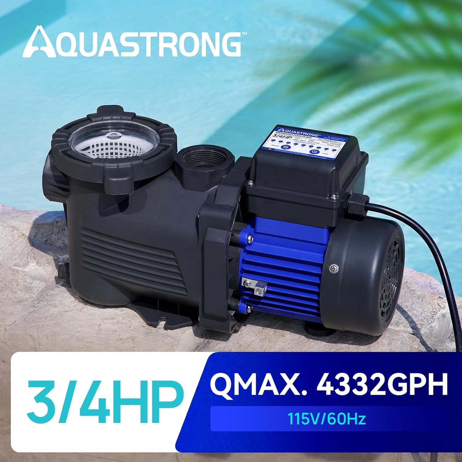 AQUASTRONG Above Ground Pool Pump 115v High Flow 1.25&1.5''adapter Powerful Self Primming Swimming Pool Pumps with Filter Basket,4332GPH 3/4 HP with Timer