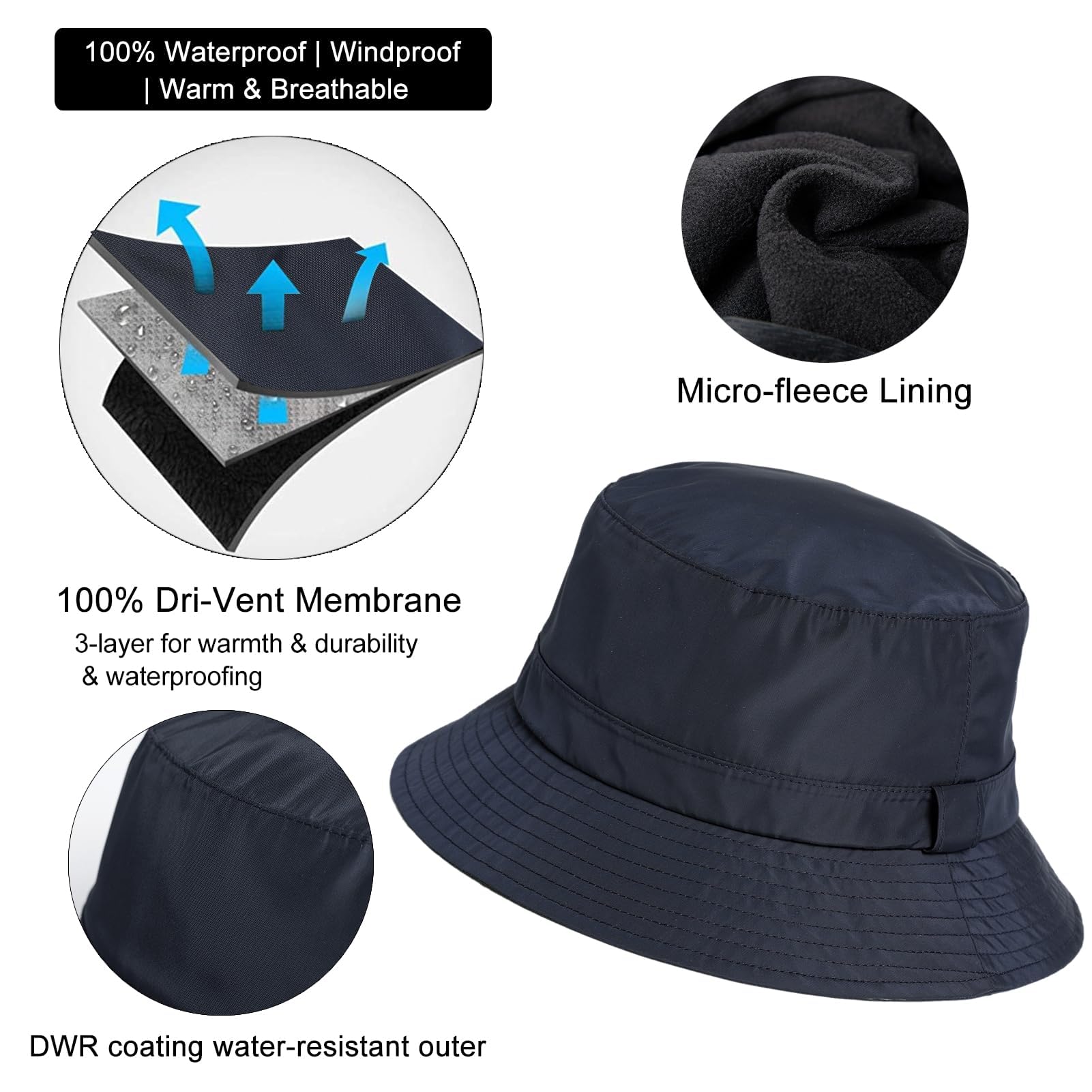 TOP-EX Oversized Large Winter Bucket Hat for Men Rain Waterproof Fleece Lined Hiking Fishing Outdoor Cold Weather XX-Large X-Large XL XXL Black