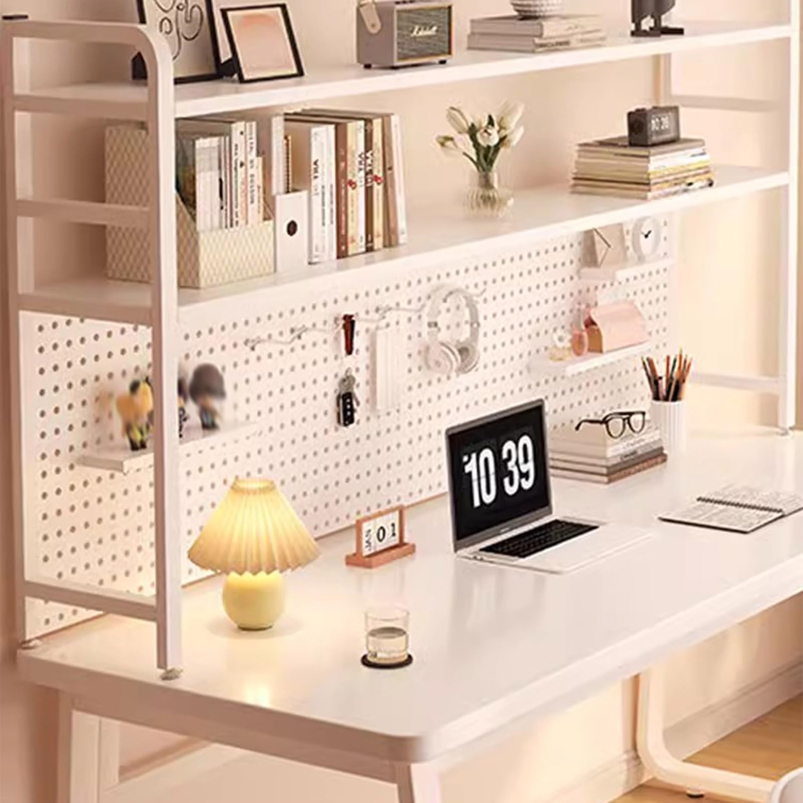 Sistema modular de estante de tablero perforado, estilo industrial de 2 niveles con 20 ganchos, organizador de escritorio que ahorra espacio para oficina en casa
