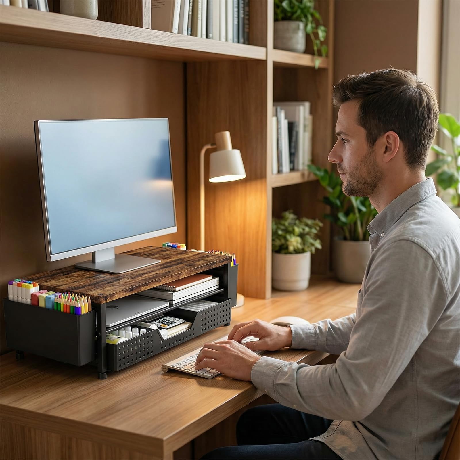 LEKETREE Organizer da scrivania in legno, a 2 ripiani, con cassetto portaoggetti e 2 portapenne, supporto per laptop e stampante, ripiano per la parte superiore della scrivania (marrone rustico)
