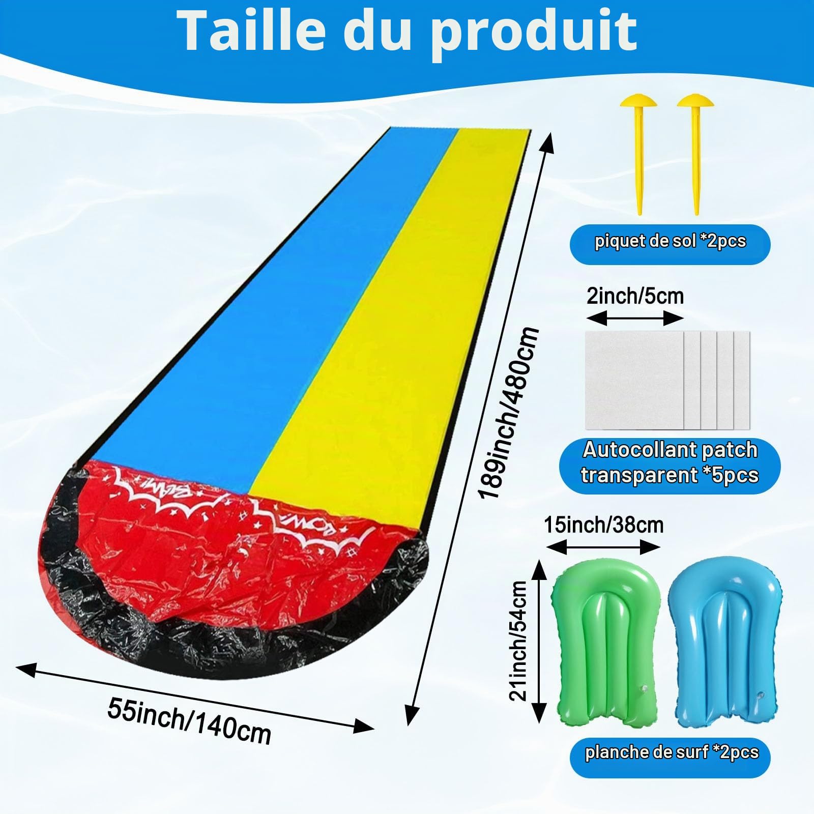 Jeux Piscine, Piscine Enfant, 2 Bodyboards, Aquaplay, Toboggan Gonflable, Ventre Glisse, Tapis Glisse Eau, Jouets d'été, Jouets Aquatiques d'extérieur, été (Jaune-Bleu 3, 468 cm)