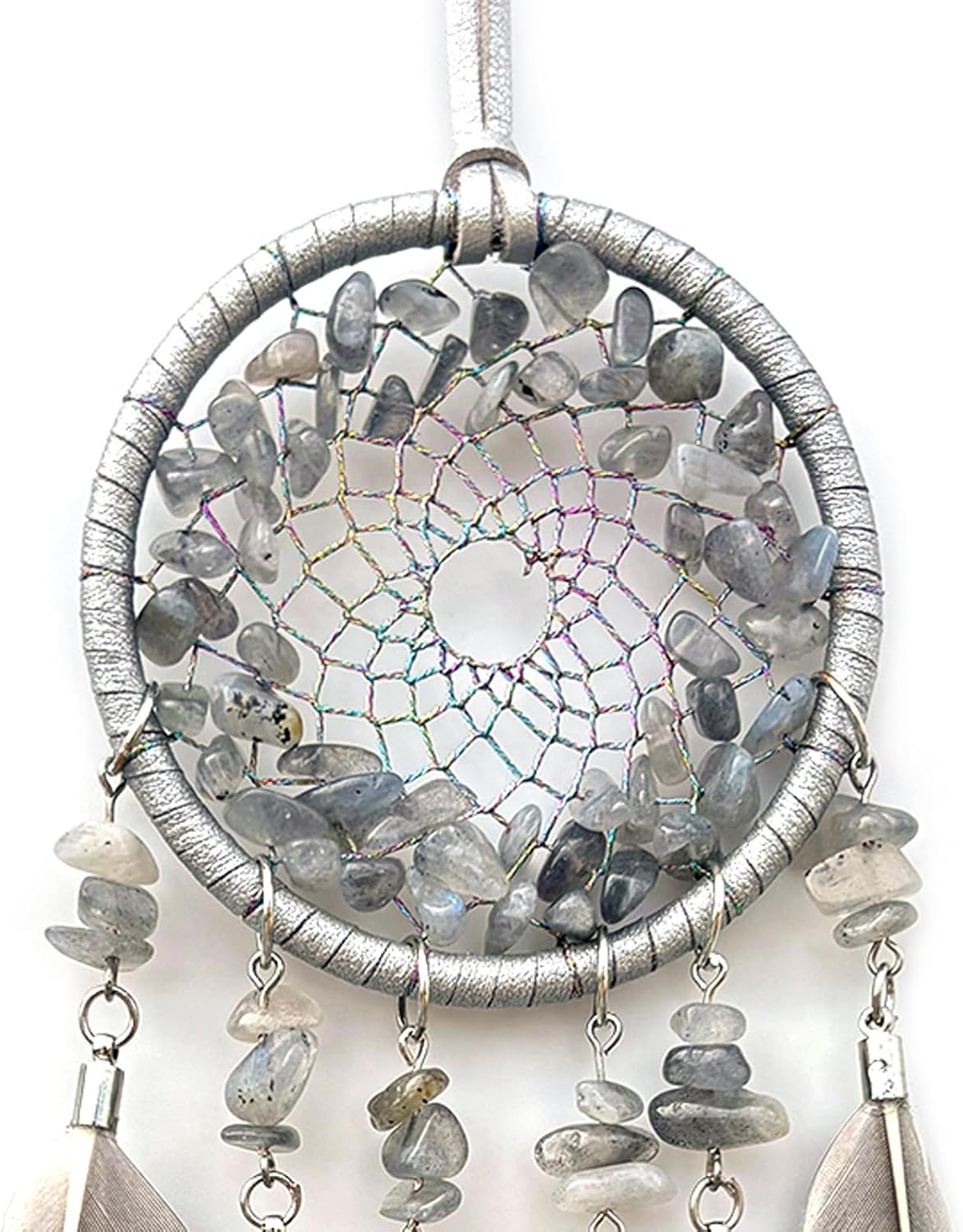 Car Rear View Mirrior Hanging Accessories Gray Dream Catcher Small, Crystals Stones Feather Pendant Interior Rearview Mirror Decoration